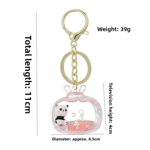 Detailed size specifications for pink panda liquid quicksand keychain in a TV container