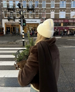 Street style view of white knit beanie and brown faux fur jacket for autumn and winter