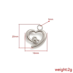 Stainless steel hollow heart pendant with crystal and size dimensions 20mm x 16mm