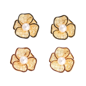 18k gold plated hollow flower stud earrings with pearls and woven texture details