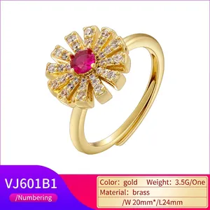 Luxury brass sunflower ring with red gemstone and white zircon petals for women