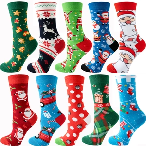 Set of 10 festive Christmas cotton socks featuring Santa, reindeer and tree patterns