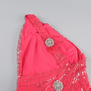 Detailed view of fuchsia evening dress featuring sequins, beads and feather accents