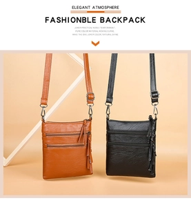 Detailed view of two-tone PU leather crossbody bags with triple zipper compartments