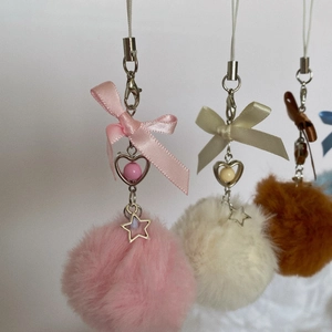 Plush Pom Pom Keychain Faux Fur Bag Charm Satin Ribbon Bow Heart Star Pendants Phone Strap Sweet Ornament For Girls