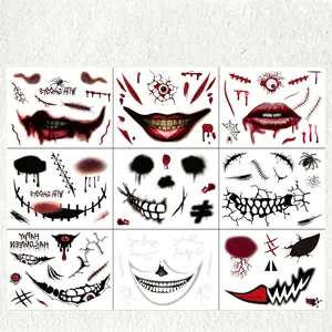 Nine Halloween mouth tattoo stickers featuring horror zombie scars and stitches designs