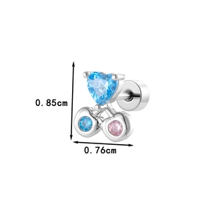 Silver steel cartilage stud with blue heart gem and pink cherry accents, size 0.85x0.76cm