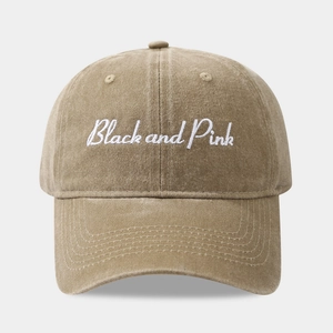 Vintage khaki washed cotton baseball cap with Black and Pink embroidery for unisex casual wear