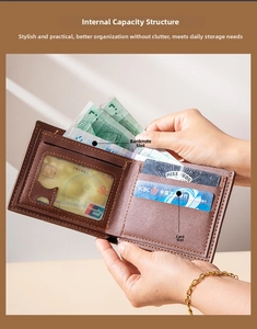 Detailed interior of men's brown PU leather bifold wallet with card slots and ID window