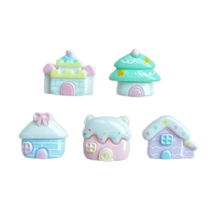 Mini pastel resin house charms for DIY hair clips and crafts, 5-piece castle set
