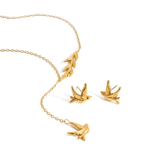 Elegant 18K gold-plated bird and olive branch necklace and earring jewelry set