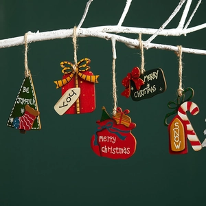 5-piece vintage wooden Christmas tree ornaments with festive red and green hanging tags