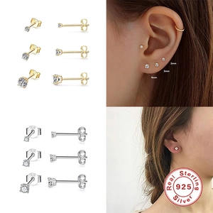 Set of 3 minimalist S925 sterling silver stud earrings with cubic zirconia in gold and silver