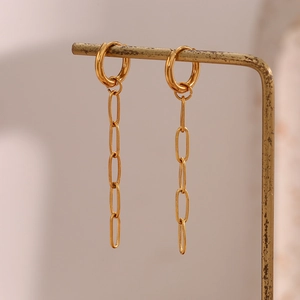 Detail view of 18K gold plated long paperclip chain earrings with five oval links