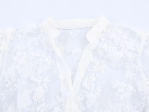 Detail of white mesh blouse with floral flocking patterns and stand collar design
