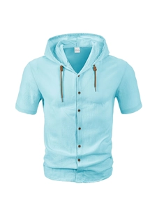 Detail of light blue linen hooded short sleeve shirt showing 100% cotton size S label