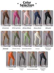 Detailed grid showing 14 available color options for high-waisted seamless yoga leggings