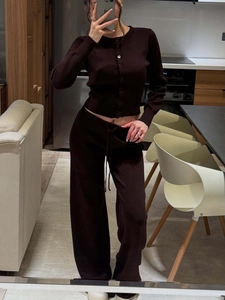 Women's dark brown knit cardigan and wide-leg trousers two-piece set for autumn winter