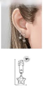 Safety pin earring with star pendant and heart cubic zirconia shown with measurements