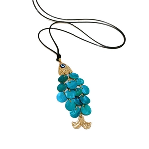 Evil eye fish pendant necklace with blue shell scales and gold accents on black cord