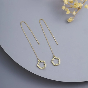 Elegant gold hollow five-petal flower tassel drop earrings with delicate long chains