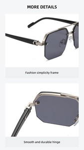 Close-up of the metal hinge and polygonal frame on square double-bridge sunglasses
