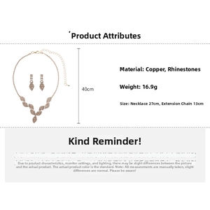 Detail specifications of copper rhinestone jewelry set including weight and length