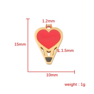 Polished gold heart hot air balloon pendant in red enamel with detailed dimensions