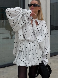 Polka dot long sleeve shirt and skirt set with lantern sleeves and neck tie