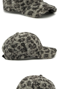 Detailed views of leopard print faux teddy wool baseball cap with soft curly texture