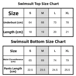 Detailed size chart for shell string bikini set showing top and bottom measurements