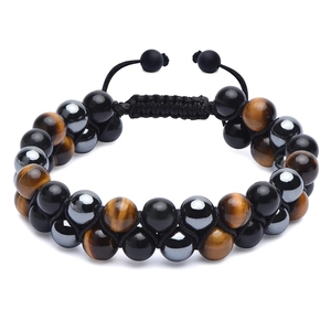 Detailed view of double-layer Tiger Eye and Obsidian beaded bracelet with adjustable cord
