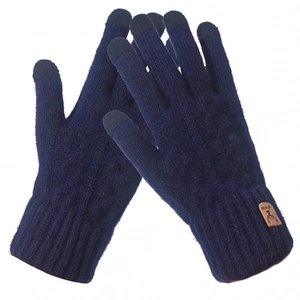 Guanti invernali in maglia blu navy da uomo con punte touch e etichetta in pelle