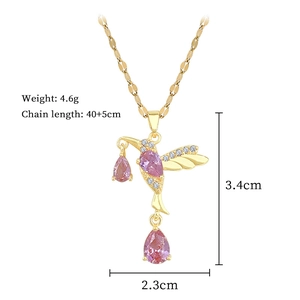 Detailed specs for gold hummingbird necklace with pink gemstones, size 3.4cm x 2.3cm