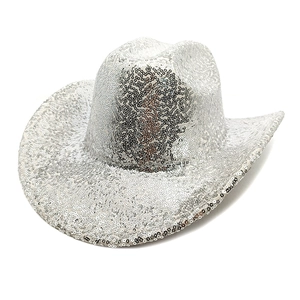 Silver sequin western cowboy hat for stage performance with a curved brim design