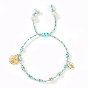Light blue hand-woven cotton cord bracelet with gold religious charms and white beads