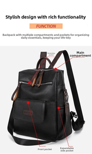 Detail view of the black PU leather backpack showing multiple functional zipper compartments