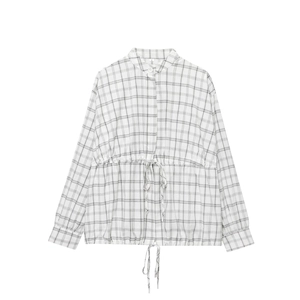 Veste Chemise À Carreaux Femme Manches Longues Mélange Coton Lin Cordon De Serrage Ourlet Court Fermeture Éclair Casual
