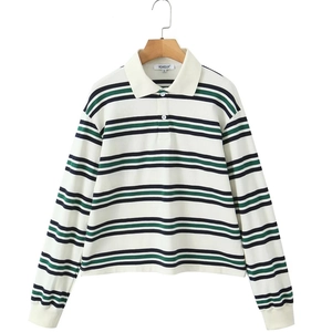 Polo à manches longues pour femmes avec rayures horizontales vertes et noires amples