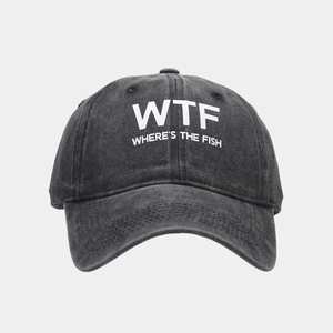 Detail of washed charcoal grey cotton baseball cap with white WTF screen printed letters