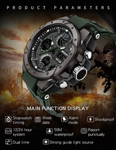 Dettaglio macro dell'orologio sportivo digitale verde militare con funzioni impermeabili