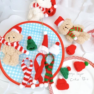 Miniature Christmas knitting set with hats and scarves on small teddy bears for DIY decor