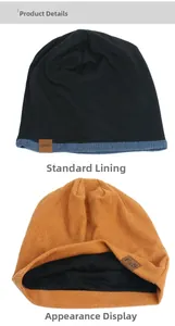 Detail view of knitted beanie hats showing stitching texture and leather brand labels