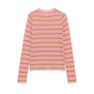 Pink and mustard yellow striped long sleeve knit sweater with a classic round neck