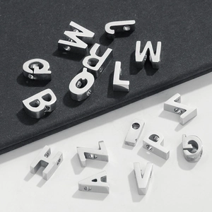 Minimalist silver stainless steel 3D alphabet pendants for DIY necklaces on dual backgrounds
