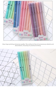Detailed close-up of Morandi colored gel pen set in clear plastic packaging box