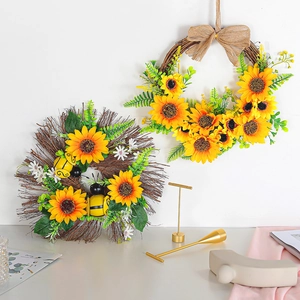 Sunflower Artificial Wreath Satin Flowers Rattan Base Burlap Bow Bee Decor Farmhouse Front Door Wall Hanging Decor
