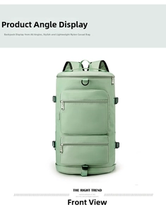 Front view of green nylon travel bag featuring dual zippered pockets and D-ring buckles
