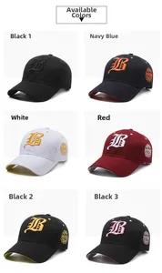 Grid layout showing six colors of baseball caps with gothic B letter embroidery