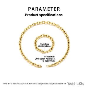 Détail de l'ensemble collier et bracelet en acier inoxydable doré 9mm avec dimensions